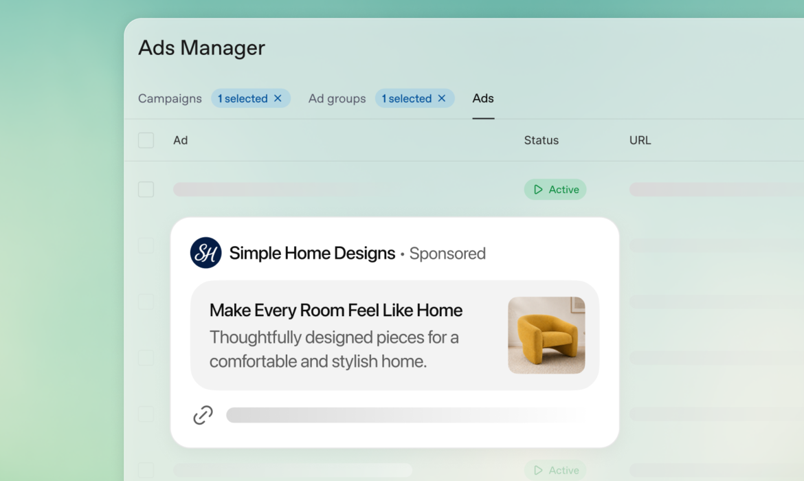 ChatGPT Ads Manager interface showing campaign and ad preview