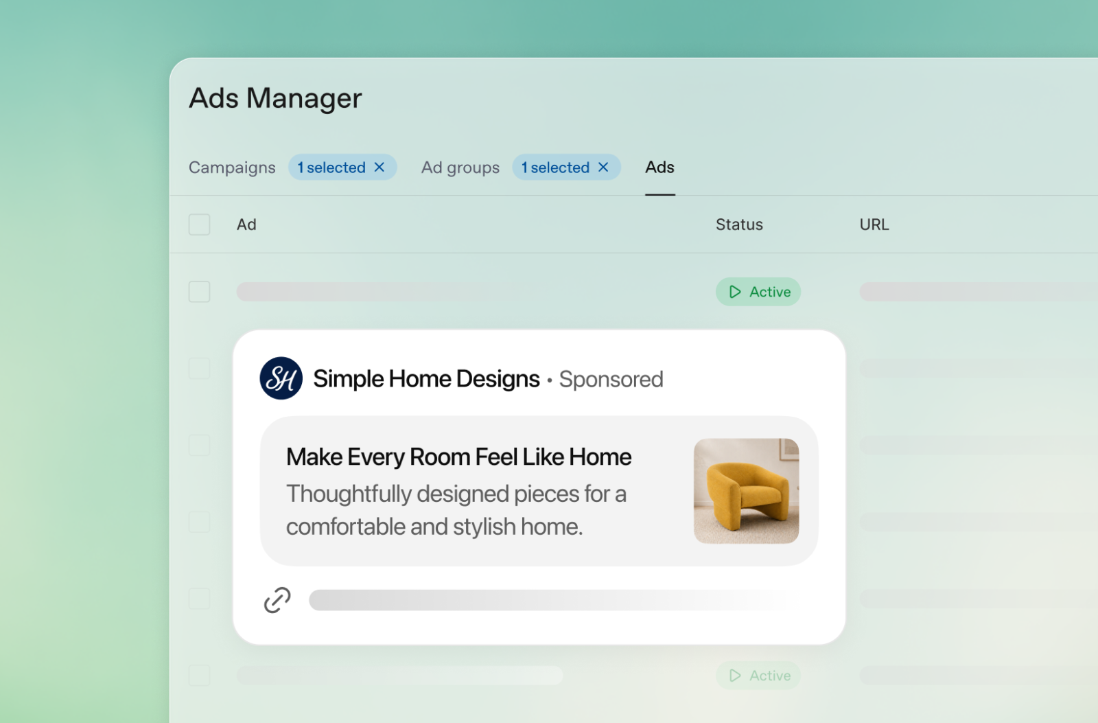 ChatGPT Ads Manager interface showing campaign and ad preview